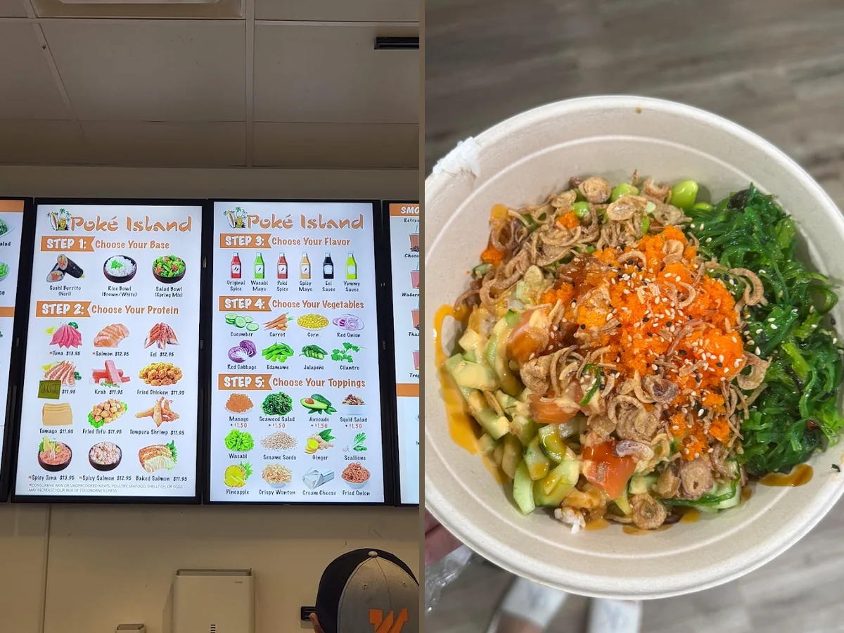 Boba smoothies beside fresh poke bowls