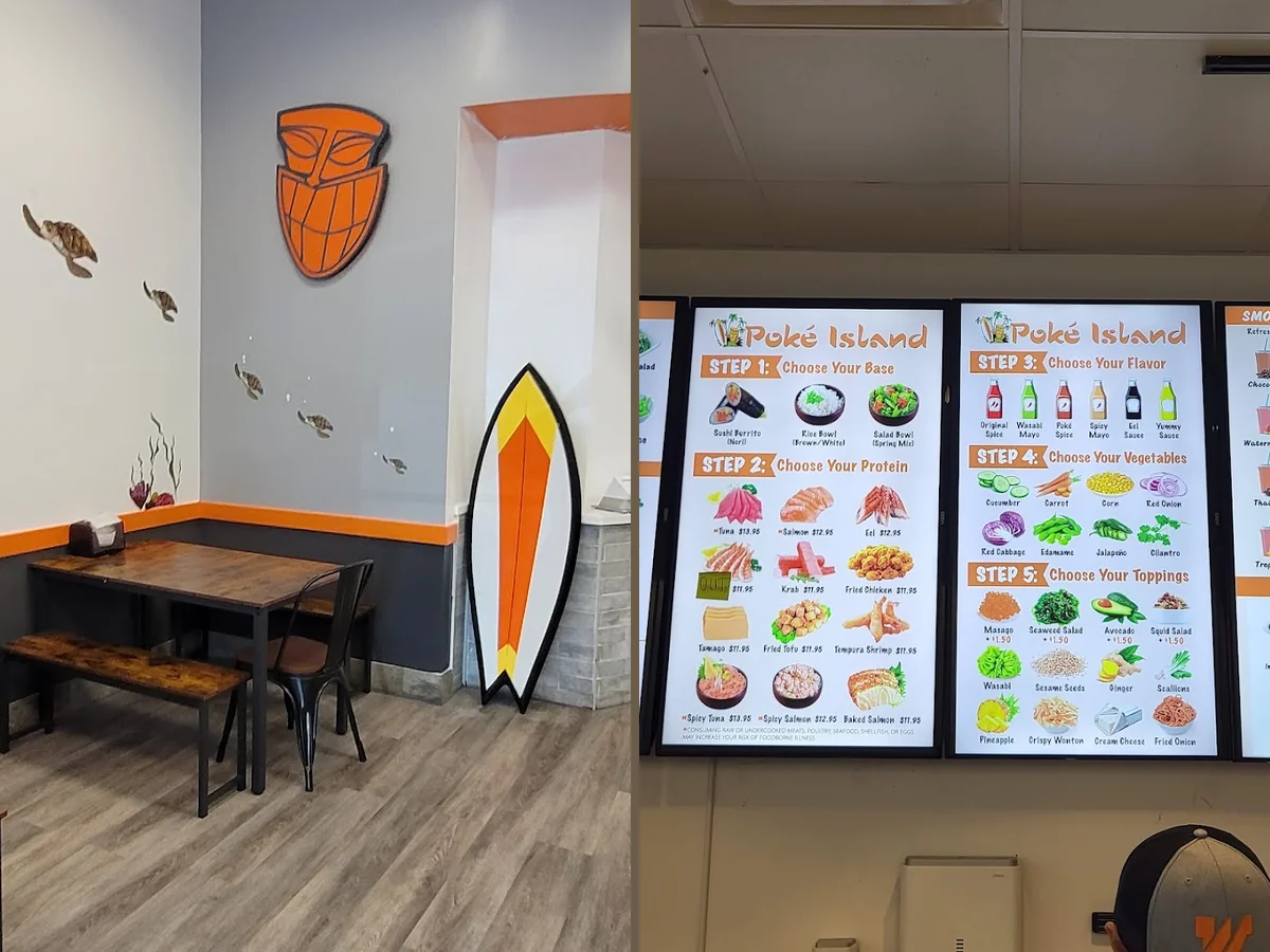 Bright restaurant interior and prepared bowls