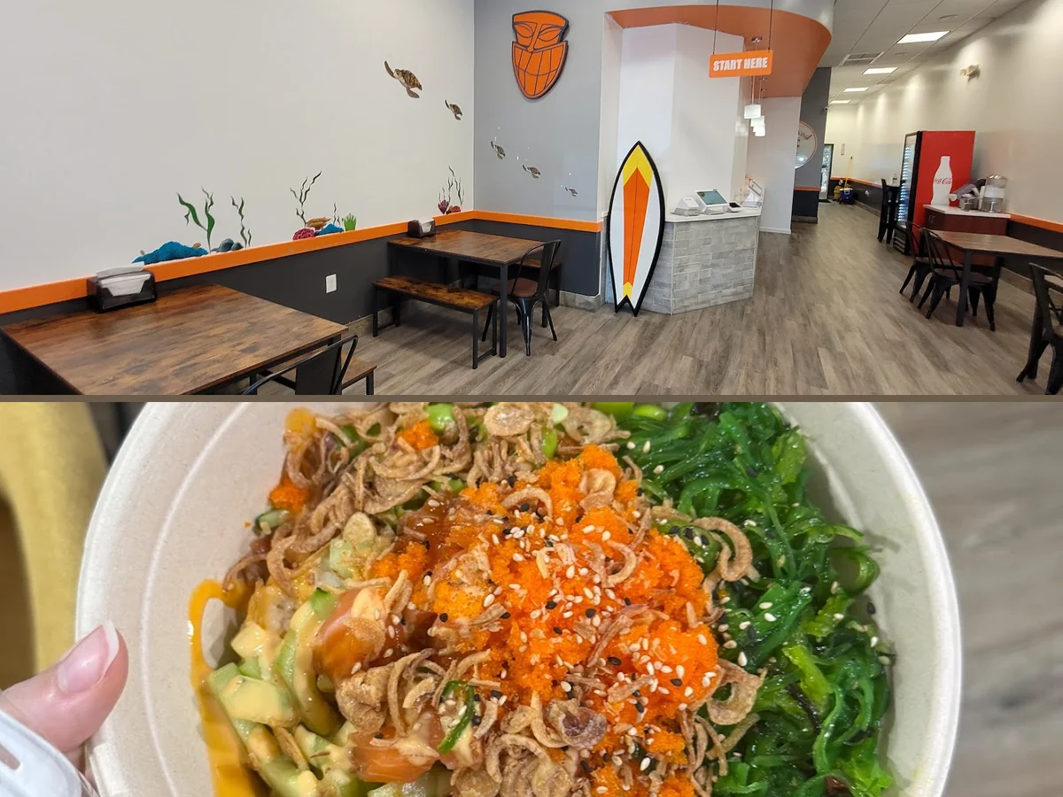 Boba smoothies beside fresh poke bowls