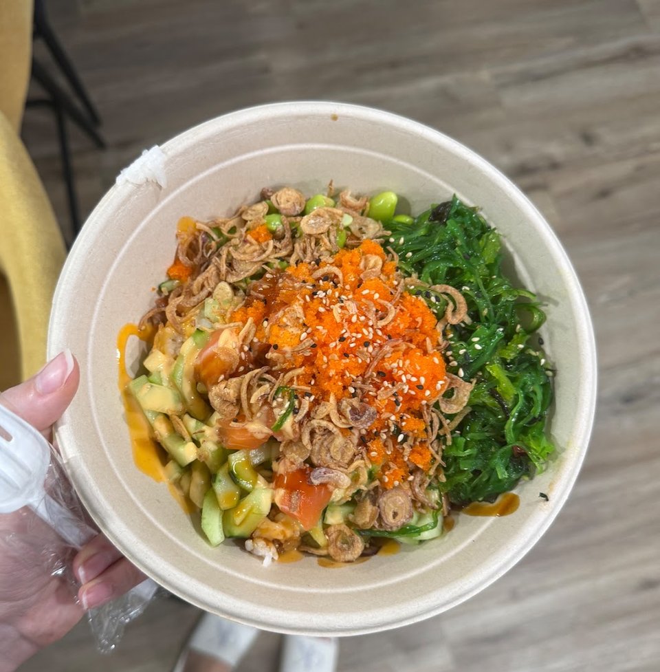 Bright restaurant interior and prepared bowls