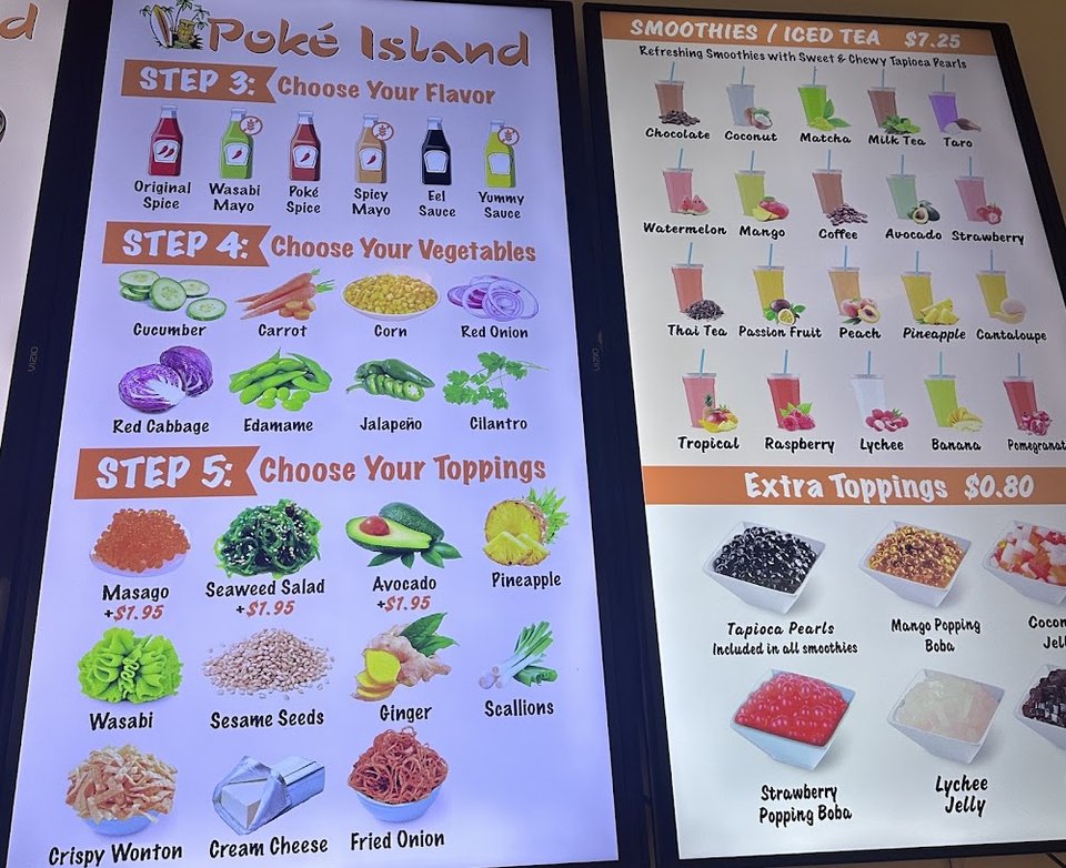 Printed menu beside fresh bowl options
