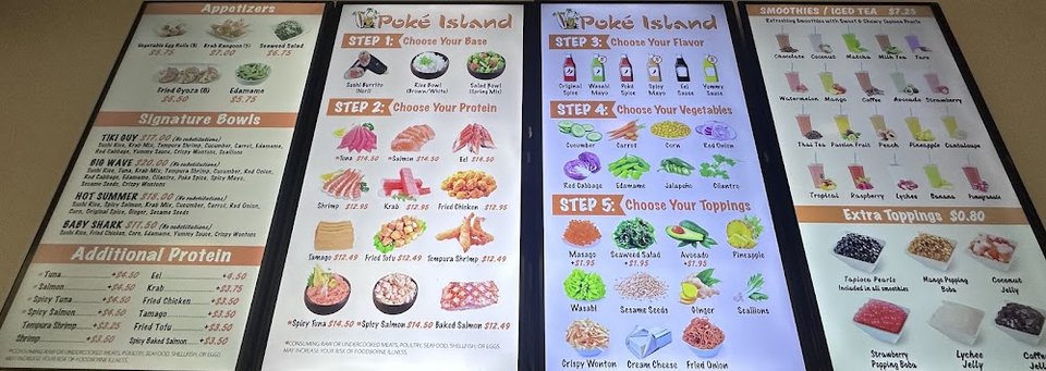 Restaurant menu featuring custom poke choices